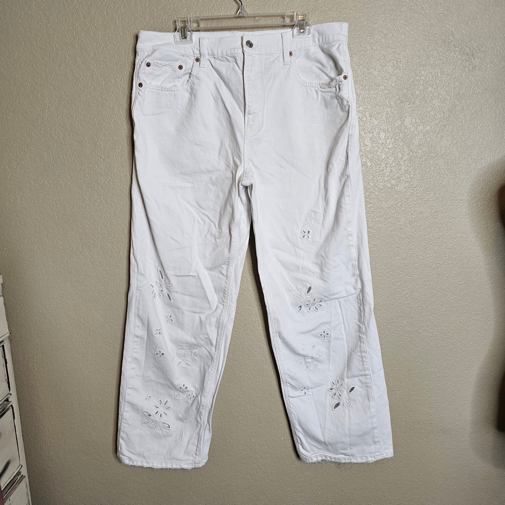 14 Long AE Strigid Embroidered Low-Rise Ex-Boyfriend Baggy Jean Eyelet White - Picture 2 of 14